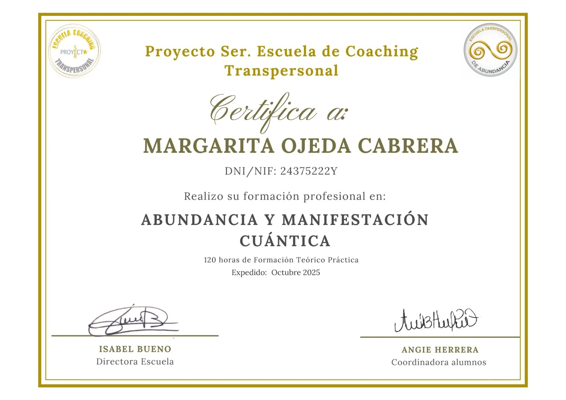 Certificado Abundancia y Sanación Cuántica Margarita Ojeda